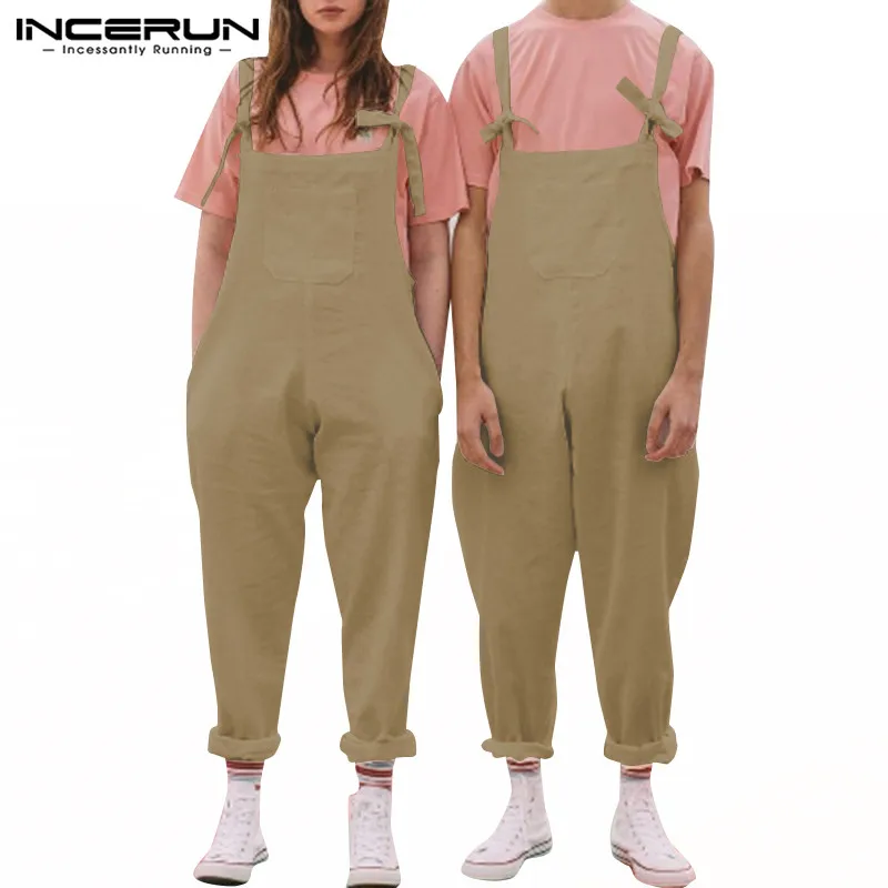 INCERUN уличная Мужская комбинезон мешковатые джоггеры карманы пара комбинезоны хлопок сплошной цвет ремни-подвески брюки мужские комбинезоны