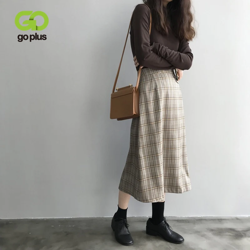 GOPLUS, Ретро стиль, новинка, женская юбка, миди, клетчатая юбка, высокая талия, одежда, Spodnice Damskie Faldas Largas Mujer Spodnica Jupe Femme
