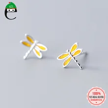ElfoPlataSi подлинное серебро 925 пробы Милая желтая Стрекоза серьги гвоздики для женщин Мода изысканное Серебряное украшение ED15