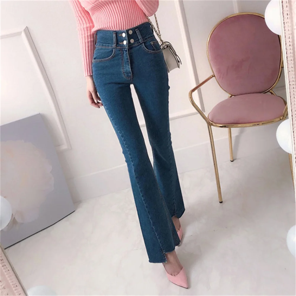Blue Tassel Denim Flare Pants Slim Jeanswear Elastic Hole Hot OL High Waist Autumn Chic Women New Stylish Trousers