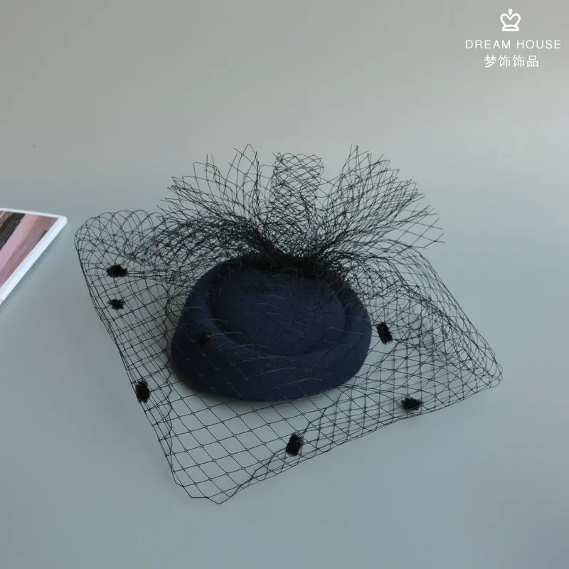 navy blue Свадебные Шляпы невесты и для торжественного случая/головные уборы/вечерние шляпа/корсаж элегантный черный bridcage вечерние аксессуары для волос - Цвет: navy blue