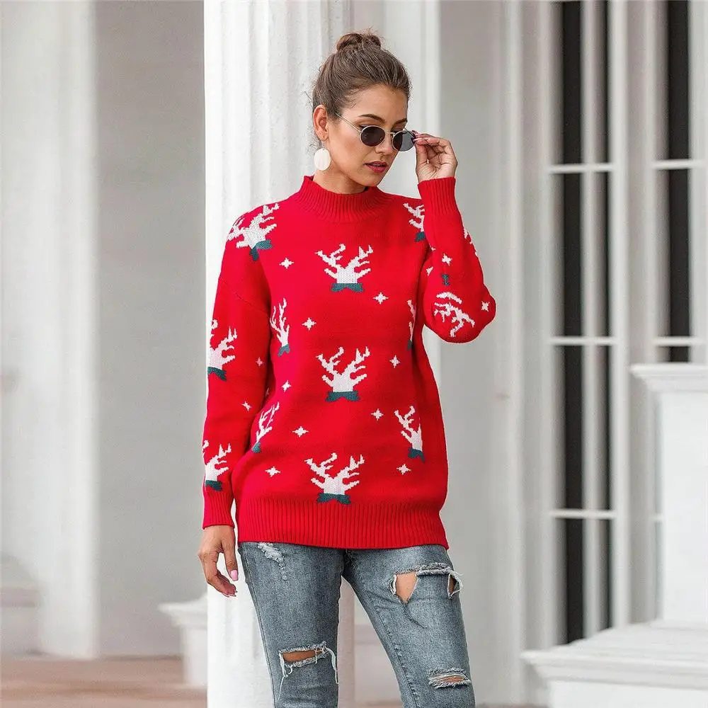 2019 Womens Christmas Knit Sweater Elk Printing Round Neck Casual Long-sleeve Pullover Autumn Winter Fashion Jumper Statement | Женская