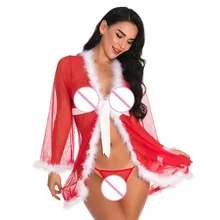 Рождественское женское нижнее белье, сексуальная сетчатая ночная рубашка, халат с бантиком, женское сексуальное нижнее белье, ночное белье, нижнее белье, ночная сорочка, одежда# T