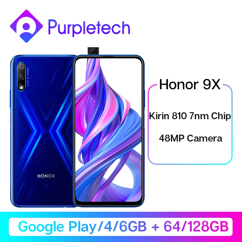 Оригинал, Honor 9X Kirin 810, 7 нм, восьмиядерный смартфон, 48мп, двойная камера, 6,59 дюйма, полный экран, всплывающая фронтальная камера Google Play