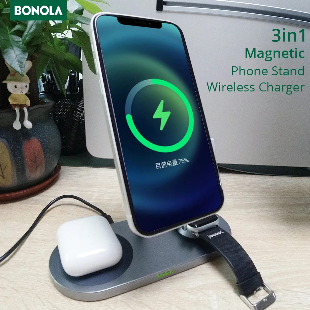 Bonola 15W Qi Wireless Charging 3 in 1 Station for Magsafe/iPhone 12/12 Pro Max Wireless Charger  for Apple Smarwatch/Airpod Pro