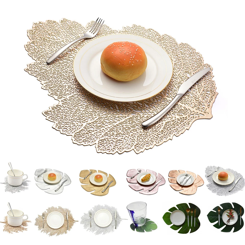 

Christmas Placemat for Dining Table Coasters Lotus Leaf Palm Leaf Simulation Plant PVC Cup Coffee Table Pad Mats Kitchen Decor