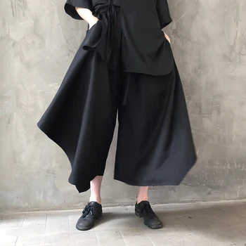 

LANMREM 2020 Spring Summer New Arrivals High Waist Solid Color Women Loose Casual Irregular Ankle Length Wide Leg Pants AW20601