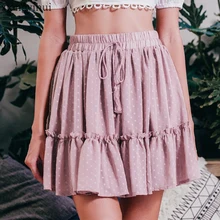 Повседневная Розовая Шифоновая плиссированная мини-юбка в горошек для женщин, эластичная летняя юбка с высокой талией в стиле бохо с кисточками, плиссированные женские юбки