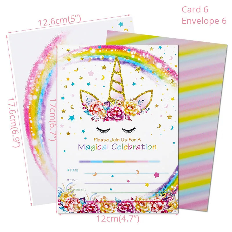 WEIGAO/вечерние Бандана с единорогом, тарелка и чашка, украшение для дня рождения, Детские вечерние принадлежности, одноразовые столовые приборы - Цвет: 6pcs invitation card