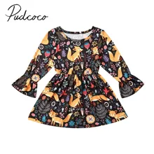 Коллекция года, весенне-осенняя одежда для малышей платье для маленьких девочек с лисой длинные расклешенные рукава, платье-пачка с цветочным рисунком комплект одежды с животными, От 1 до 6 лет