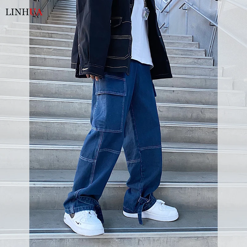 Spring Blue Full-Length Oversized Loose Fit Wide Leg Cargo Pants Men's  Fashion Plus-Size Jeans Street Trousers