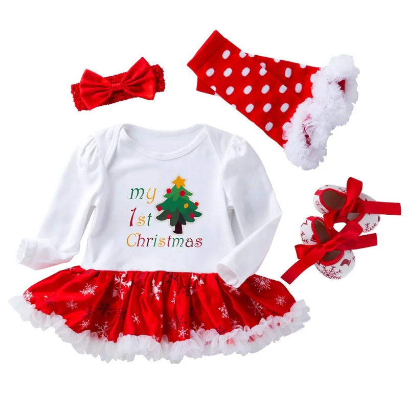 4Pcs First Christmas Baby Romper Tutu Dress Set Newborn Baby Girl Clothes Gown Party Dress+Headband+Shoes+Leg warmer - Color: A2-4PCS