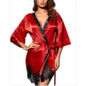 

Autumn Sexy Women Bathrobe + Belt + Underwear Nightwear Robes Lace Satin Silk Sexy Belt Tie Lace Sexy Homewear Sleepwear Robe