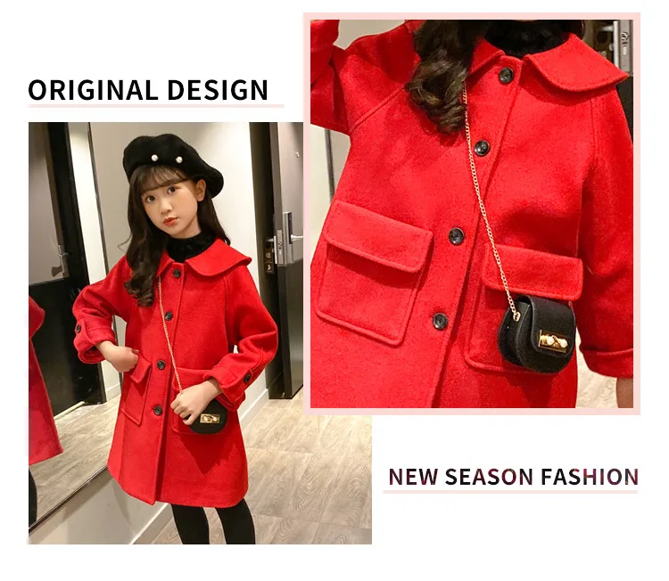 Милое Красное длинное пальто для девочек, зимнее длинное шерстяное пальто с хлопковой подкладкой теплая верхняя одежда для детей 6, 8, 10, 12 лет