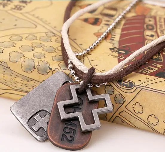 Tag Cross Pendant Necklace Women Vintage Handmade Genuine Leather