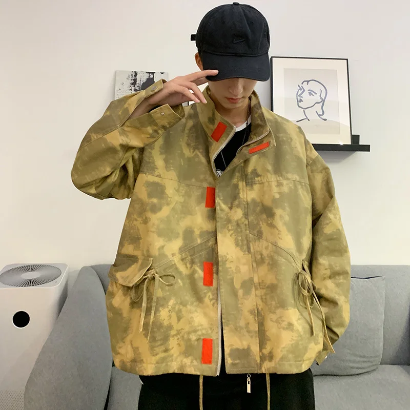 

Autumn New Tooling Jacket Men Fashion Printing Casual Military Wind Stand Collar Jacket Streetwear Hip Hop Loose Bomber Jacket