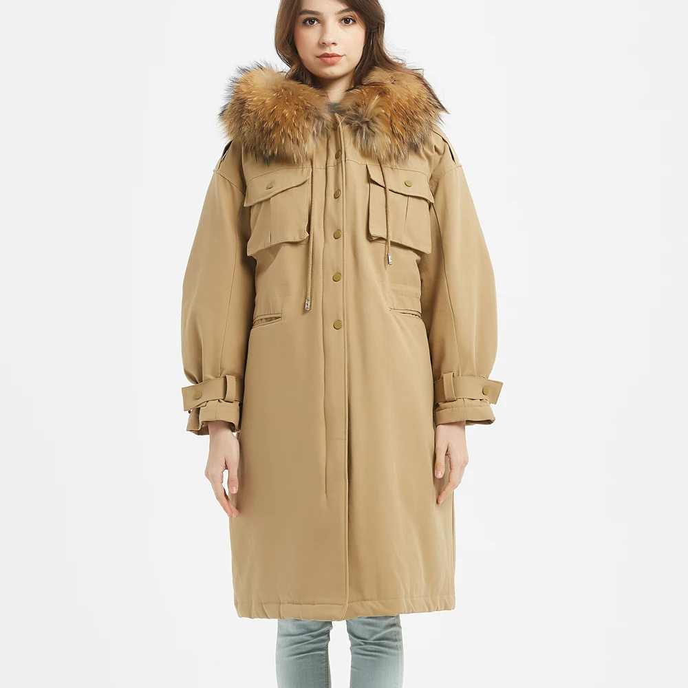 Новая зимняя куртка, свободная Длинная кожаная куртка с воротником из натурального Лисьего меха, толстая теплая парка на утином пуху