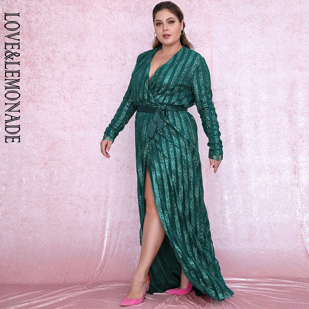 LOVE& LEMONADE размера плюс сексуальные зеленые с глубоким v-образным вырезом полосы с наклеенными блестками крест макси платья lm6546 плюс осень/зима