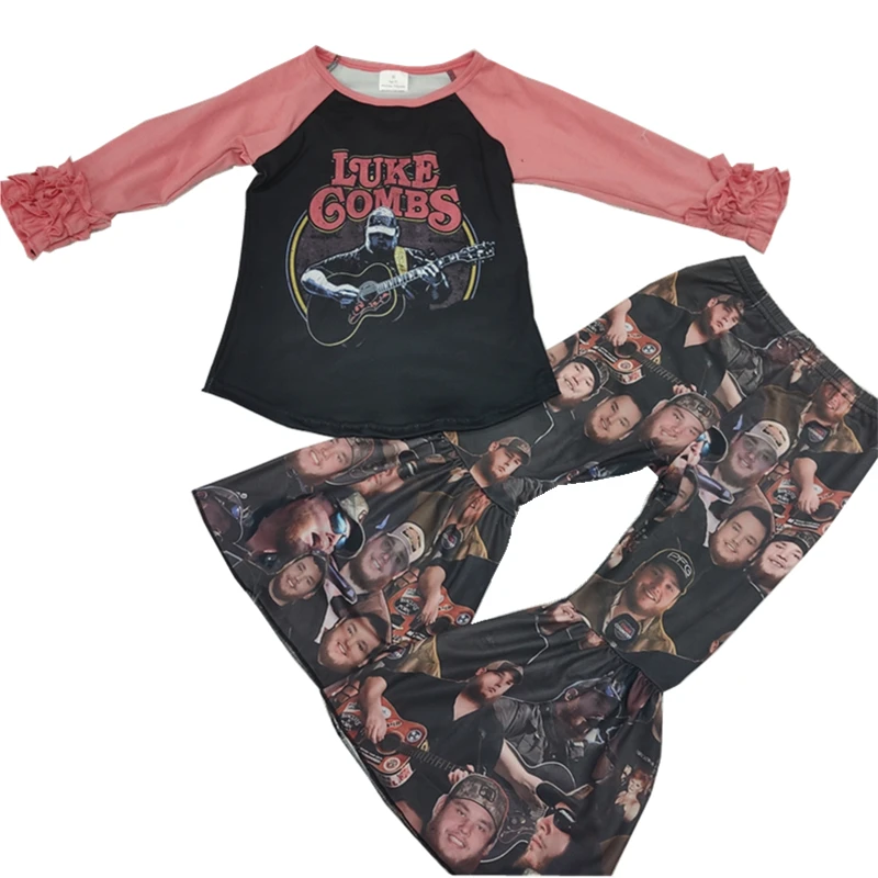 Осенний стиль; реглан с длинными рукавами и брюки-колокольчики; Эксклюзивная одежда для детей; Восхитительный комплект одежды для маленьких девочек