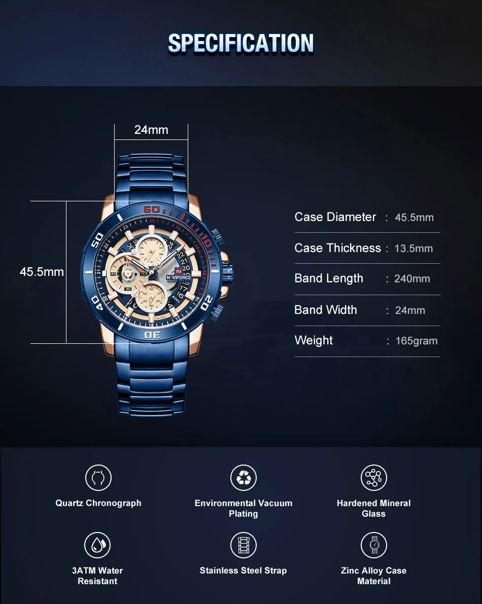 NAVIFORCE Бизнес спортивные часы Для мужчин высокое качество, модные, с хронографом, кварцевые часы для джентльмена Нержавеющая сталь браслет часы подарки