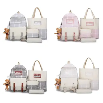 

4pcs Canvas Daypacks Casual School Backpack Shoulder Bags Bookbag Pencil Case Set for Teenagers