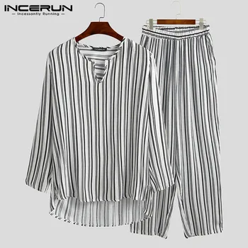 

Cotton Men Striped Pajamas Sets Loose Long Sleeve V Neck Leisure Sleepwear Homewear Long Pants Cozy Mens Nightwear Suit INCERUN