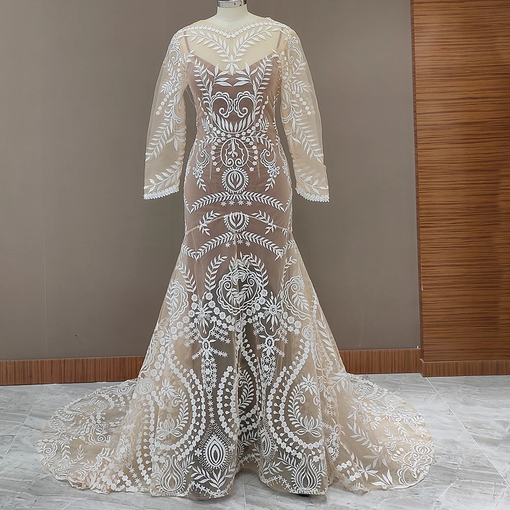 blue wedding dress 4055# Real Photos Two Piece Long Sleeve V Neck Open Back Sheath Slit Bohemian Sweep Train  Lace Wedding Dress Bride Gown 2021 wedding dress for women