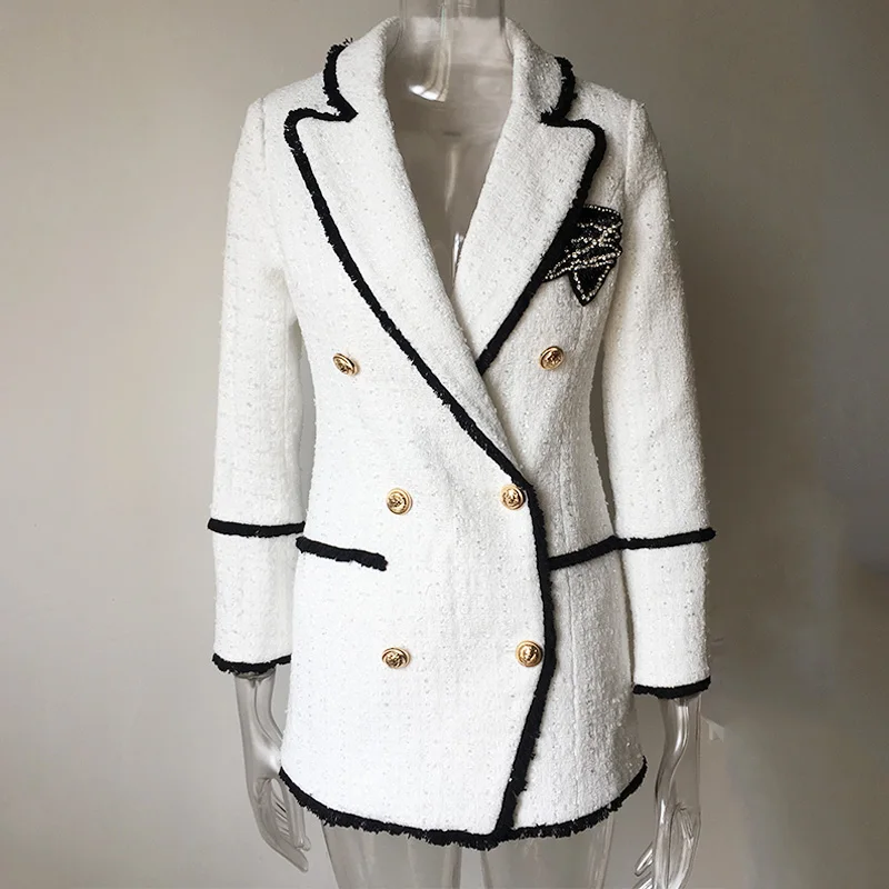 Plus Size XXXL Women High Street Long Jackets Runway Beading Double Breasted Solid Color White Slim Chic Blazers High Quality