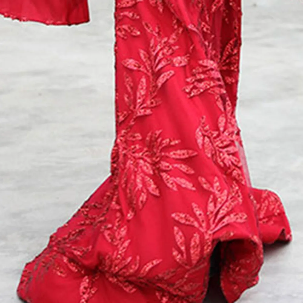 Dressv бургундское элегантное вечернее платье с глубоким вырезом с длинными рукавами, с вышивкой русалки, для свадебной вечеринки, Формальное вечернее платье es