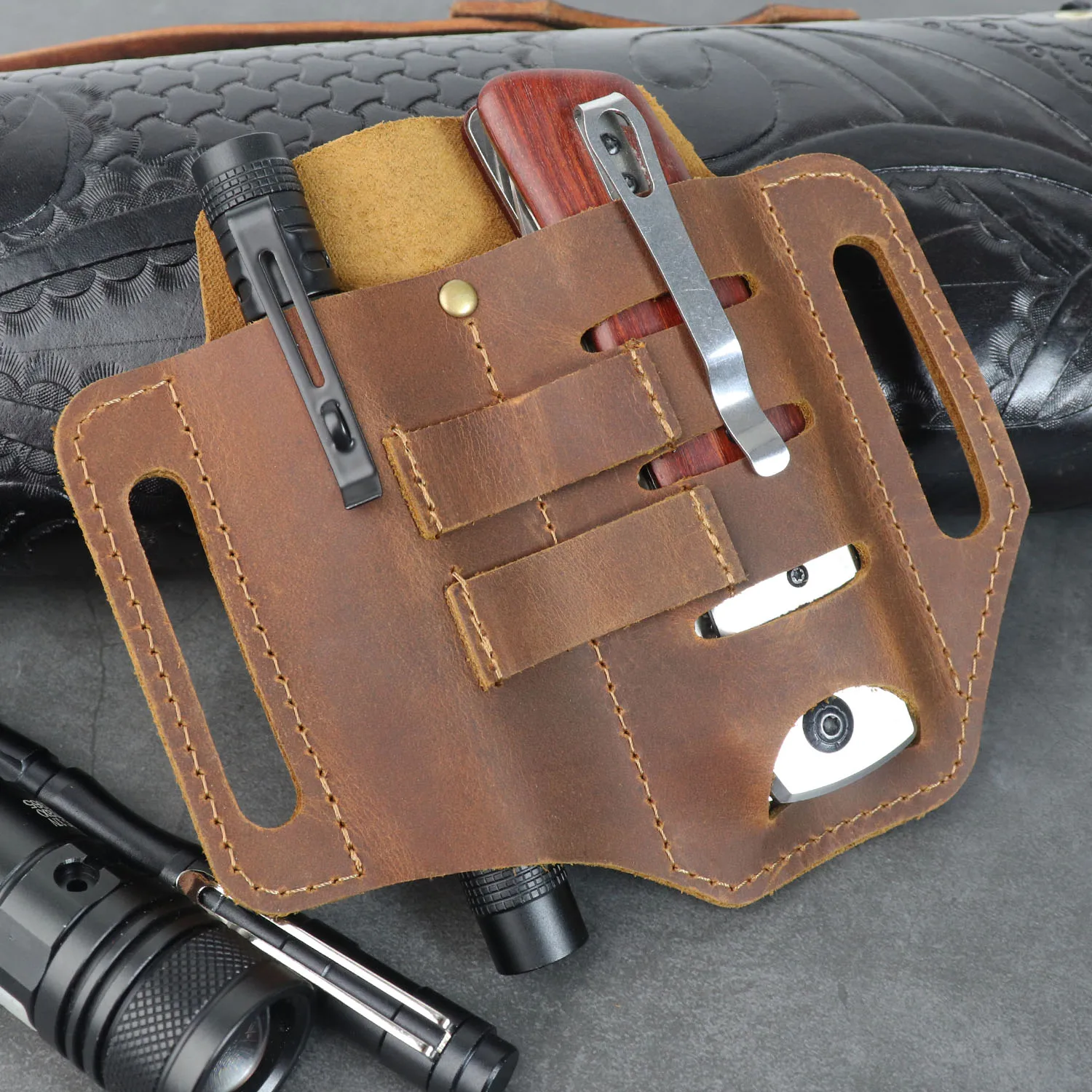 Étui Ceinture Tactique En Cuir EDC - Pochette Multi-outils, Gaine Pour Lampe Torche, Rangement