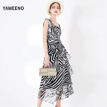 

Spring And Summer 2020 New Catwalk Style Temperament Elegant Stripe Printing Irregular Chiffon Vacation Sling Female Dress