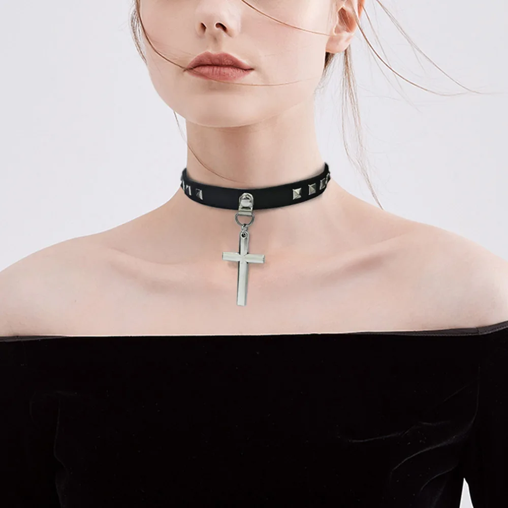 Cross Pendant Necklaces Statement Gothic PU Leather Choker for Women Man 100% Handmade Neck Rock Punk Jewelry X629 | Украшения и