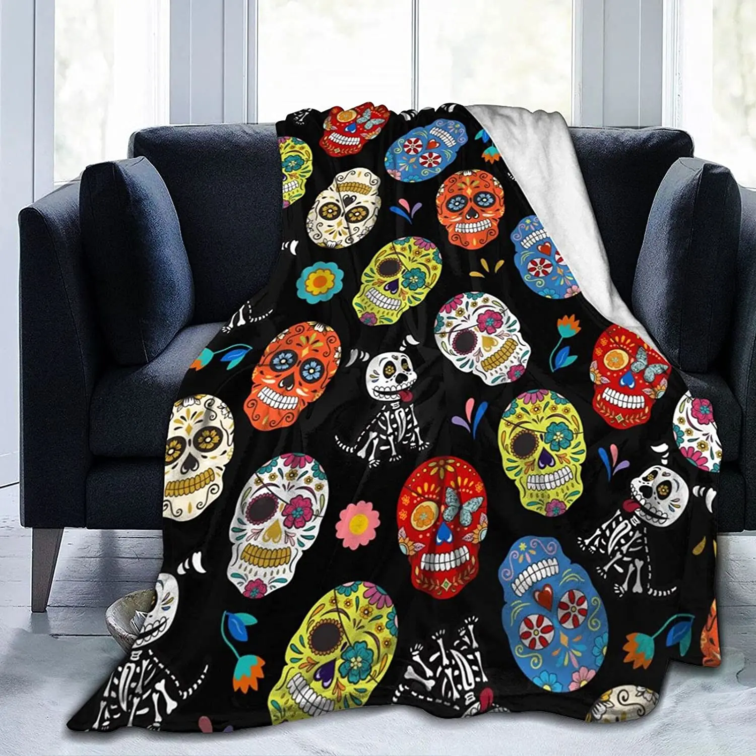 Fleece Blankets Mexican Sugar Skull Dog Blanket,All Season Plush Throw