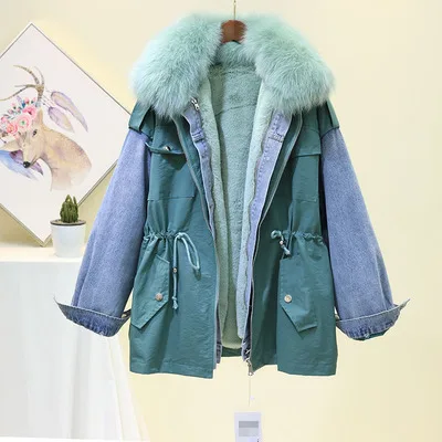 Green Winter Jacket Denim Splice Parkas Mujer Thick Loose Fashion Big Fur Collar Detachable lambswool Lining Jeans Spliced Jacket Coat - Цвет: Green