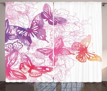 

Dark Coral Violet Colorful Curtains Blooming Watercolor Like Artwork Flowers Butterflies Plain Back Living Room Window Drapes