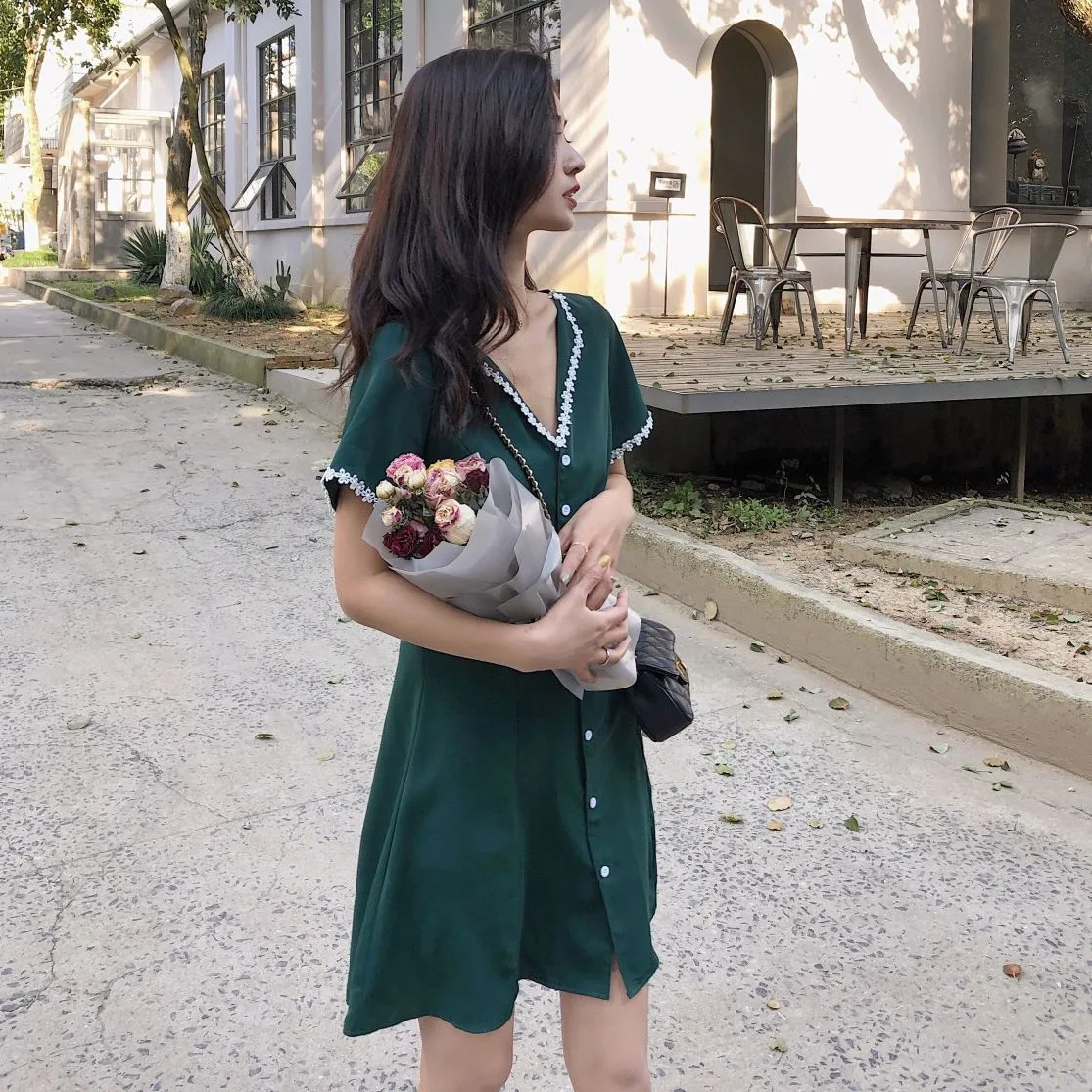 

Photo Shoot Hepburn Black Dress CHIC Elegant Chiffon Dark Green V-neck Lace-up Single Breasted Slim Fit A- line Dress Women's
