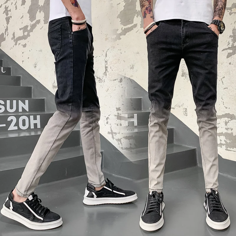 Popular 2019 New style Fashion male autumn slim fit broken hole jeans/Men's High quality pure cotton Color matching Pencil pants 28-34