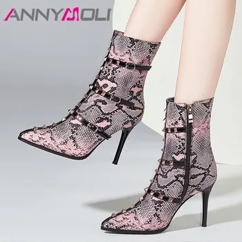 

ANNYMOLI Snake Print Woman Boots Rivet Super High Heel Mid Calf Boots Buckle Thin Heel Shoes Zip Pointed Toe Lady Boots Pink 46