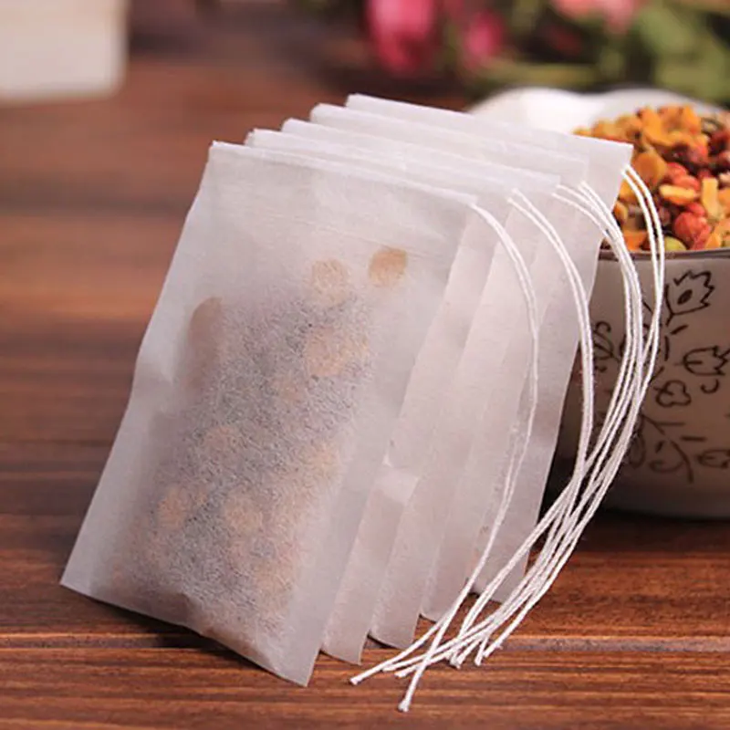 Café y té Coladores y filtros 6x8cm Blanco Sunnyflowk 100pcs / Lot Bolsas de té vacías Cadena Sello de Calor Papel de Filtro Hierba Bolsas de Sueltas Bolsita de té para