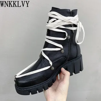 

Individuality strappy design Martin boots women chunky heel thick sole round toe ankle botas punk style soft leather short boots