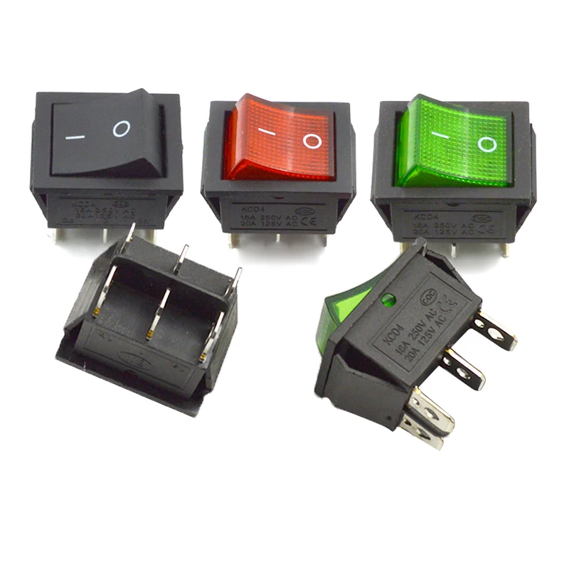 

10PCS/Lot Boat Rocker Switch 2 Position 6pin Copper Feet KCD4 Push Button Power Switch 30.5MMx25.5mm Black/Red/Green lights