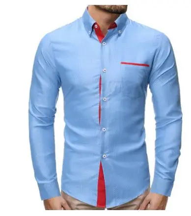 SHUJIN Для мужчин рубашки Повседневное Бизнес осень офисная рубашка одежда с длинными рукавами, карманами и Стенд воротником блузки Для мужчин сплошной Цвет Кнопка Топы - Цвет: 7035 blue