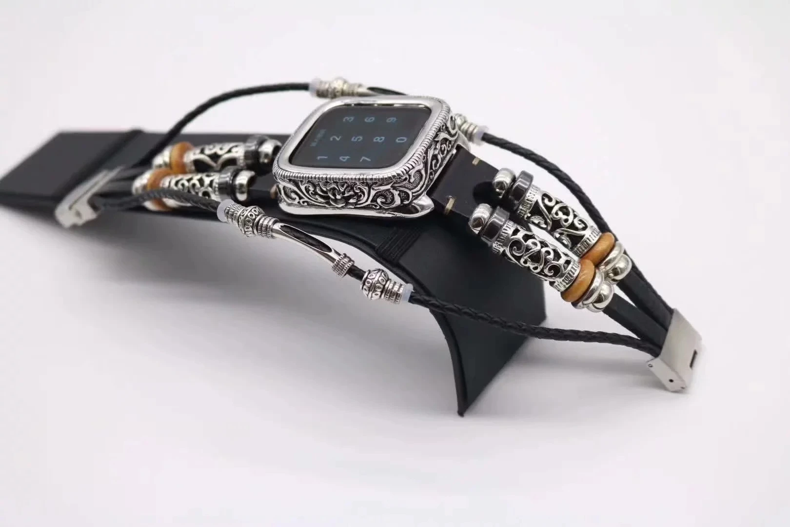 Винтаж, рисунок в форме цветка, металлический корпус ремешок для Apple Watch 38 мм/42 мм/44 мм/40 мм властная металлический ремешок для наручных часов iwatch серии 432 - Цвет ремешка: set black