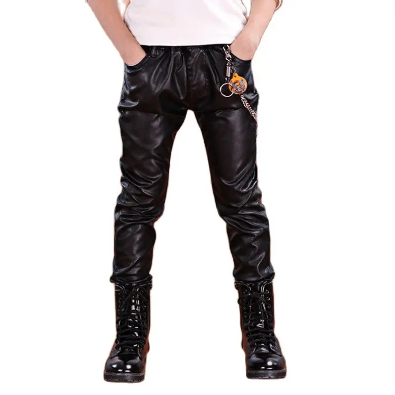 3-18t Boys Fashion Faux Leather Pants Casual Elastic Waist Solid 