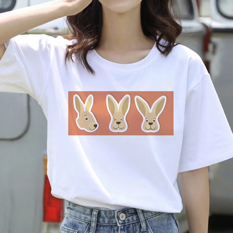 

Cartoon Rabbits Tshirt Short Sleeve Tops Tee Women Summer Casual O-neck Tee Shirts Female Graphic T-shirts White Tees Tops