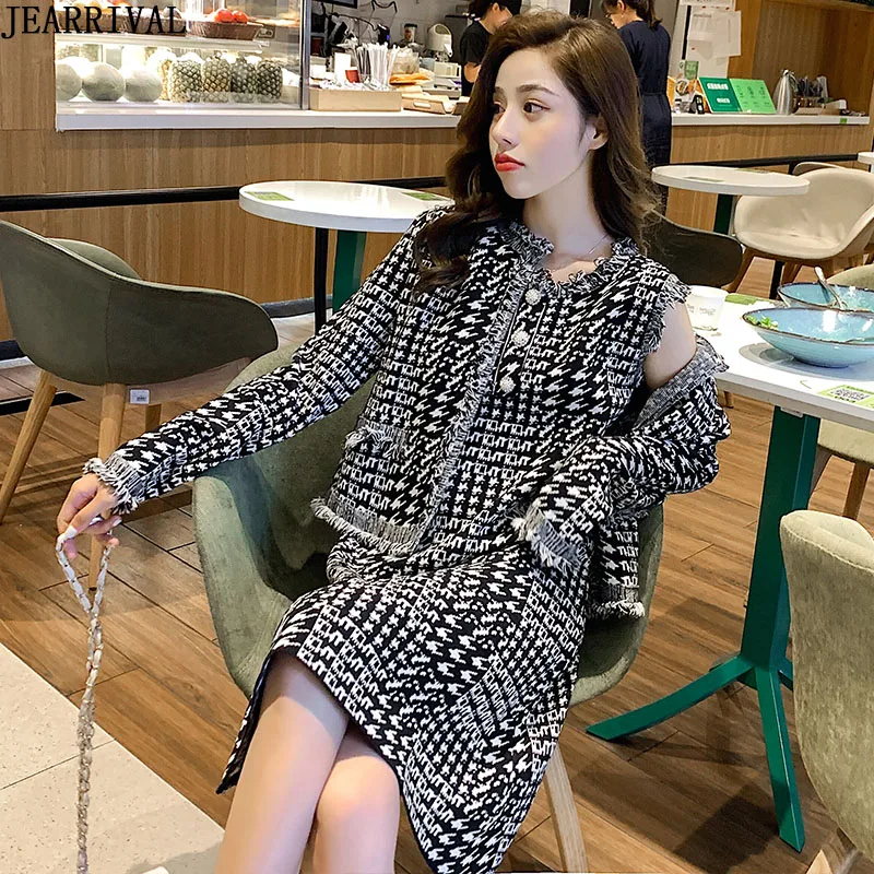 

Women Autumn Winter Knit Pattern Button Sleeveless Dress+Knitted Cardigans Coats 2 Pieces Sets Outfits plus size tweed set 2019