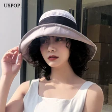 USPOP новые летние шляпы для женщин хлопок Панамы для женщин женская шляпа с широкими полями шляпы; однотонная расцветка; большие лук ведро шляпа