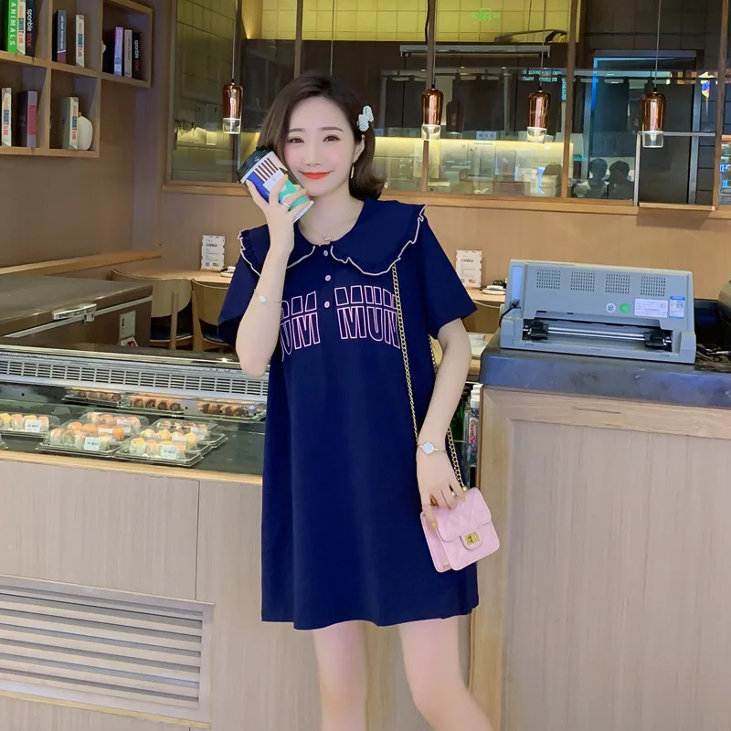 

Summer Maternity Clothes New Style Korean-style Cotton Loose-Fit Peter Pan Collar Large Size Mid-length Dress Short Skirt Navy S
