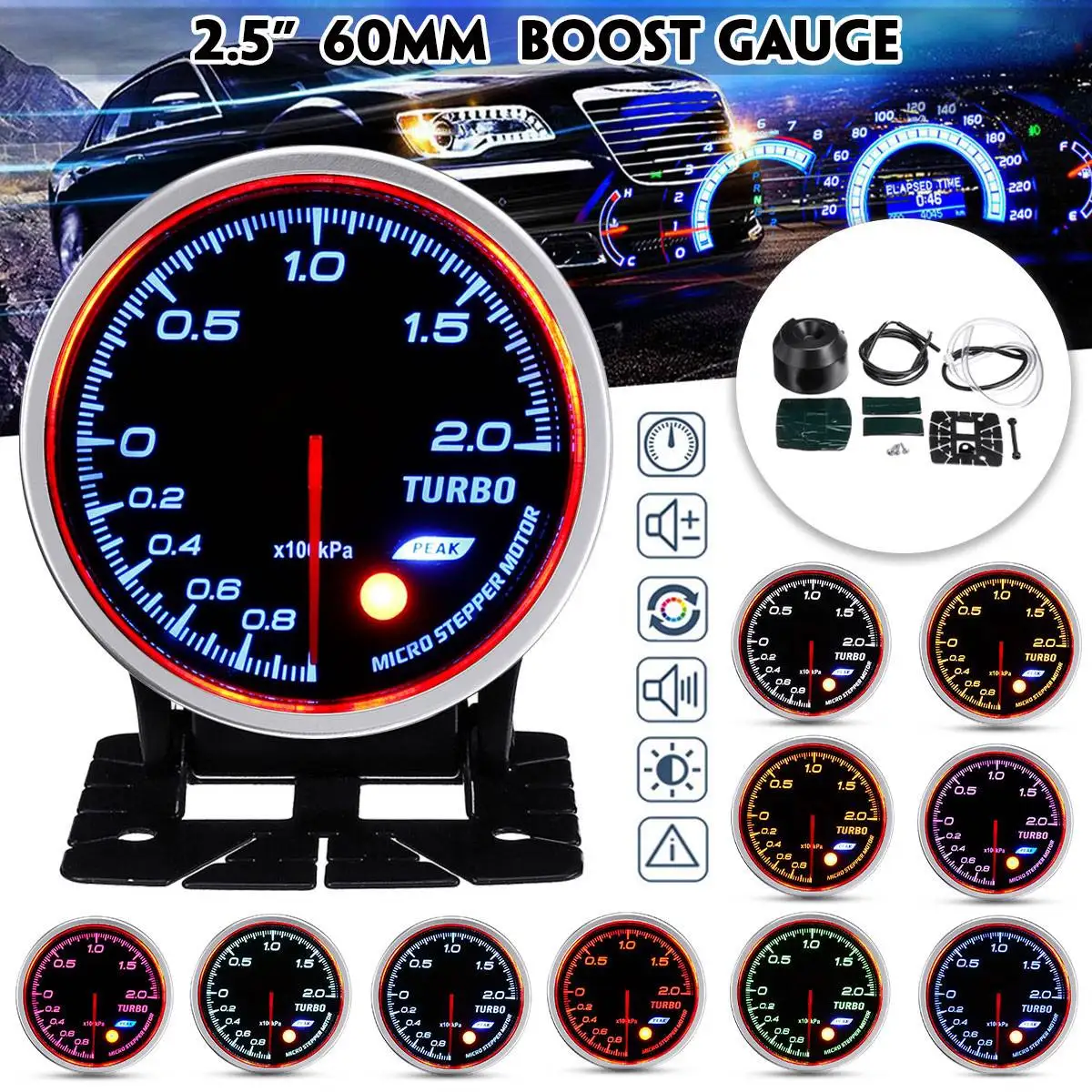 2," 60 мм Универсальный Автомобильный датчик светодиода Turbo Boost Gauge Bar PSI температура воды Температура масла давление Тахометр вольт выхлопной газ Воздух Топливо - Цвет: Boost Gauge Bar
