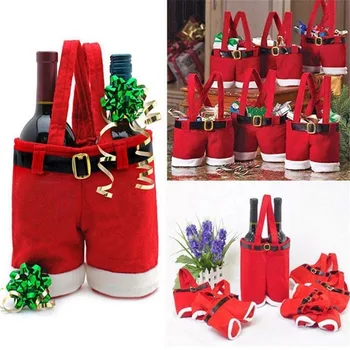 

Cute Christmas Gift Treat Candy Wine Bottle Holder Santa Claus Suspender Pants Trousers Decor Christmas Gift Bags